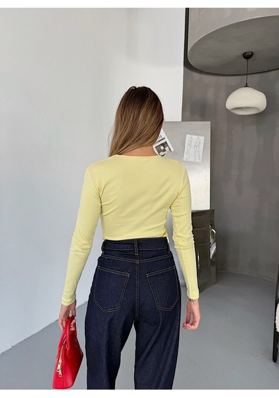 Bisiklet Yaka Basic Uzun Kollu Slim Fit Kadın Body SARI