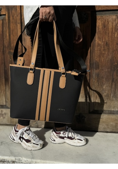 Just Polo Günlük Kombinlere Uygun Kadın Yeni Sezon Büyük Boy 3 Bölmeli Lüks El Ve Omuz Çantası Shoulder Bag Siyah - Taba