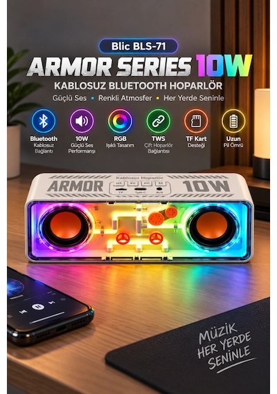 Blic Bls-71 Beyaz Armor Series 10w Kablosuz Rgb Bluetooth Hoparlör Tws Tf Kart Desteği