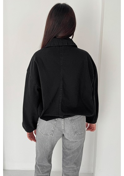 Blanco Kadın Kemer Detaylı Kot Ceket Oversize Fermuarlı Denim Ceket Siyah Siyah