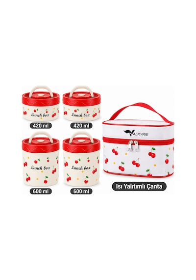 Valkyrie 4 Katlı Kirazlı Yemek Termosu 2040 Ml 304 Paslanmaz Çelik Lunch Box Isı Yalıtımlı Çantalı Kırmızı