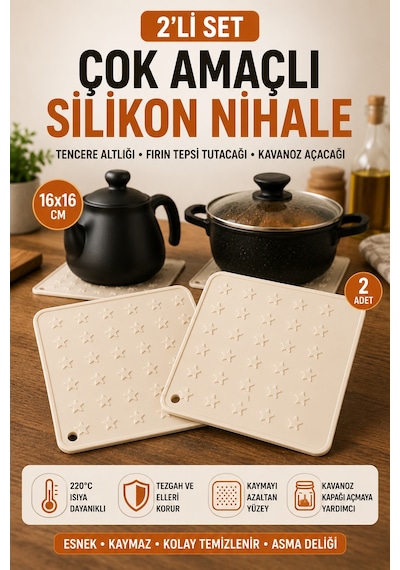 2'li Set Krem Silikon Nihale 16x16 Cm Çok Amaçlı Tencere Tava Altlığı Fırın Tepsi Tutacağı Kavanoz Açacağı Ev