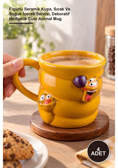 4 Adet Sevimli Hayvan Kupa Bardak Figürlü Seramik Kupa, Sıcak Ve Soğuk İçecek Servisi, Dekoratif Hediyelik Cute Animal Mug