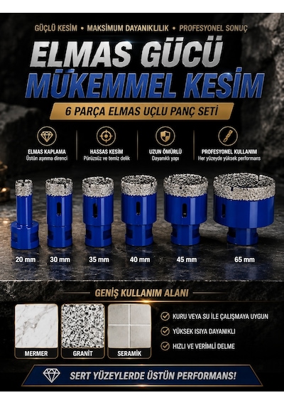 Mucit Home Pro Kutu 6 Parça Elmas Kaplı Panç Seti 20-65 Mm Mermer Granit Seramik Delme Panç
