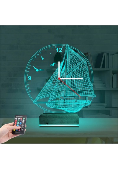 Luvivia Gemici Kaptan Denizci Yelkenli V2 Saatli 3d Lamba - Masa Gece Lambası Şeffaf