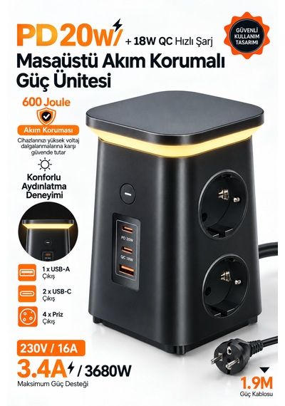Çoklu Akım Korumalı Masaüstü Priz 4 Priz, 2 Usb-c + Usb-a, Pd 20w & Qc 18w Hızlı Şarj, 3680w, Led Aydınlatmalı 1.9 M