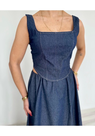 Keymoda Kadın Denim Kare Yaka Bluz Mavi Mavi
