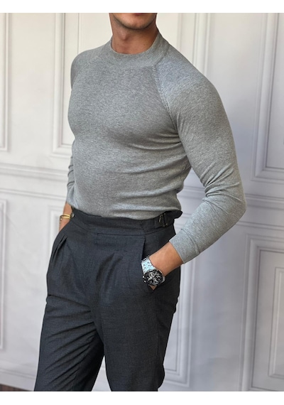 Modefendi Slimfit Kalıp Pamuklu Triko Yarım Balıkçı Triko Kazak Gri