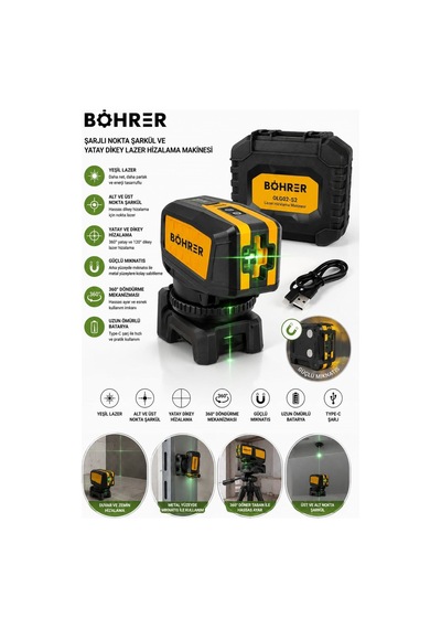 Böhrer Ba011347 Şarjlı Nokta Şarkül Lazer + Yatay Ve Dikay Lazer Hizalama Makinesi - Yeşil Işık Lazer