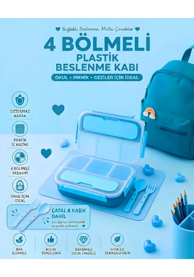 Sızdırmaz Kapaklı, Çatal Ve Kaşıklı 4 Bölmeli Çocuk Beslenme Kabı / Beslenme Kutusu Mavi