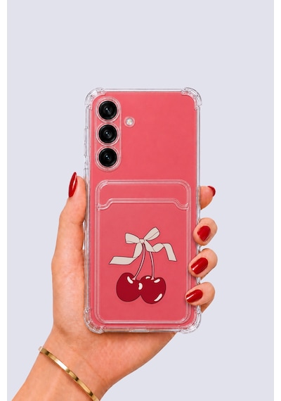 Samsung Uyumlu Galaxy S25 Kartlıklı Kiraz Desenli Kılıf Pembe