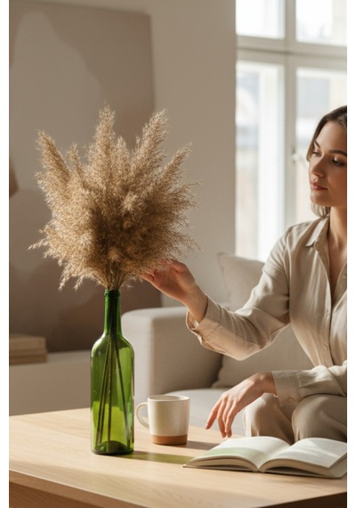 Doğal Pampas Otu Demeti 5 Li Yeşil Vazolu Set, 50 Cm Dekoratif Kurutulmuş Bitki Çok Renkli