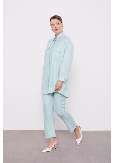 Levidor Mint Yeşili Taş İşlemeli Melanj Gömlek İkili Takım Mint Yeşili