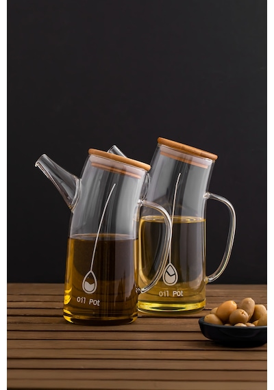 Porsima 2093 Bambu Kapaklı Vakumlu Borosilikat Cam 2li Yağdanlık Yağlık Sirkelik Seti 700ml Şeffaf