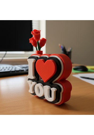 I Love You Yazılı Güllü Dekoratif Figür - Sevgililer Günü Özel Hediyelik 3d Pla Masaüstü Obje 10,6x9,7 Cm