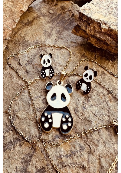 Patili Panda Siyah Beyaz Mineli Altın Renk Çelik Çocuk Takı Set