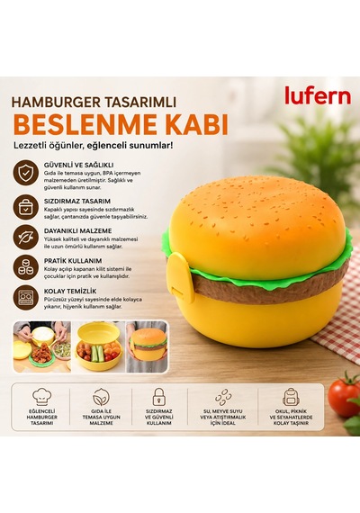 Özel Tasarım Hamburger Tasarımlı Beslenme Kabı Çanta Okul Piknik Seyahat Kreş Atıştırmalık Meyve Çok Renkli