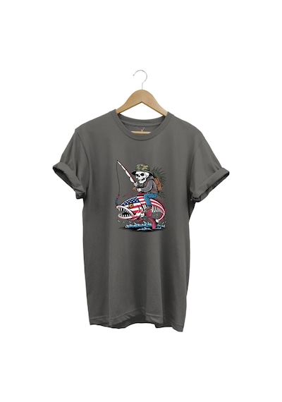 Fishing Balıkçılık Pirana Ve İskelet Tasarım Baskılı %100 Pamuk Regular Fit T-shirt Gri