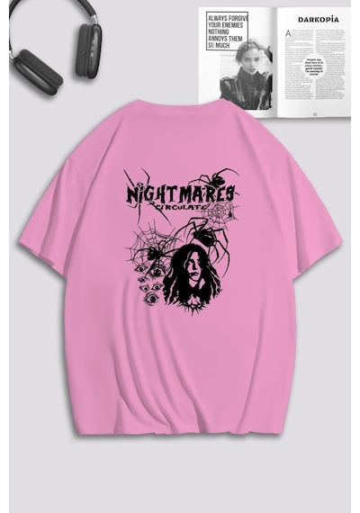 Unisex Kadın Erkek Night Mares Spiders Baskılı Özel Tasarım Oversize T-shirt Pembe Mck0175 Pembe