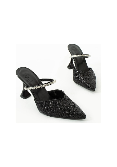 Duxal Shoes Casey Cam Kırıntıları Taş Detaylı Arkası Açık Topuklu Ayakkabı Siyah