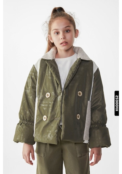 Xo Kids Kız Çocuk Büyük Yakalı Düğmeli Şişmeli Style Mont 8-14 Yaş 35352 Haki
