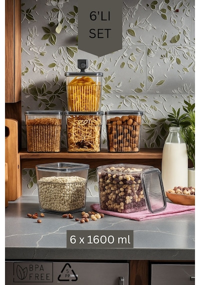 6 Parça Contalı Ve Sızdırmaz Kapaklı Saklama Kabı Seti Buzdolabı Ve Kuru Gıda Uyumlu 6x1600 Ml Şeffaf