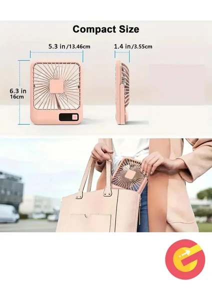 Güncelçarşı Şarjlı Sessiz Mini Fan Vantilatör, 1 Adet, 180 Ayarlanabilir, 5 Hız, Led Göstergeli, Type-c Şarj
