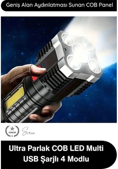 Elfeneri El Feneri Ultra Parlak Cob Led Multi Usb Şarjlı 4 Modlu Şarj Göstergeli Kamp Piknik Işılda Çok Renkli
