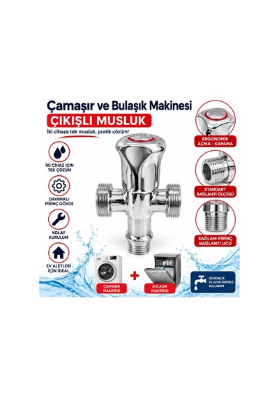 Viosa Çift Çıkışlı Dual Siyah Çamaşır Bulaşık Makinesi Musluğu Ayna Dahil Krom