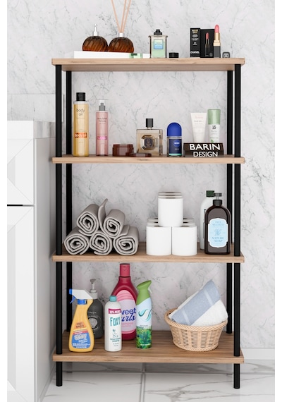 Çevir Kur Kolay Kurulum 4 Katlı Banyo Rafı Metal Gövdeli Çok Amaçlı Organizer Stand Banyo Dolabı Atlantik Çam