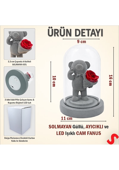 Solmayan Güllü Ayıcıklı Led Işıklı Cam Fanus - Gri