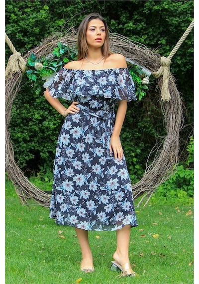 Neşeli Butik Kadın Siyah Carmen Yaka Çiçekli Yazlık Şifon Elbise Nb10037 Siyah
