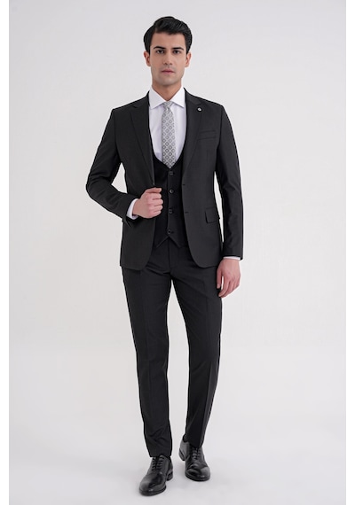 Efor Slim Fit Çift Yırtmaç Çizgili Esnek Yünlü Siyah Yelekli Klasik Takım Elbise Tk 935 Siyah Efor Slim Fit Çift Yırtmaç Çizgili Esnek Yünlü Siyah Yelekli Klasik Takım Elbise Tk 935 Siyah