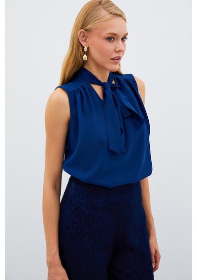 Sateen Fularlı Kolsuz Bluz - Lacivert-134893 Lacivert