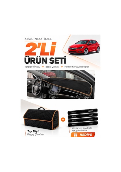 E-biz Opel Astra K 2015-2021 Uyumlu Torpido Örtüsü + Tay Tüyü Çanta - Siyah-kahverengi - Op005