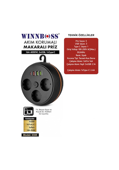 Coverzone Askılı Model Akım Korumalı Makaralı Priz, 190cm Kablo, 3 Prizli 3 Usb 1 Type-c 16a 4000w Termal Ve Kısa Devre Korumalı 100-250v Çoklu Priz Kablo Sarıcılı Priz Model 3395 Siyah