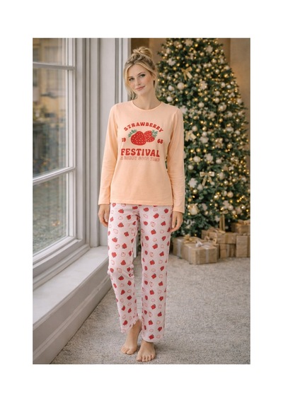 Rindahomewear Kadın Çilek Baskılı Süprem Pijama Takımı Bej