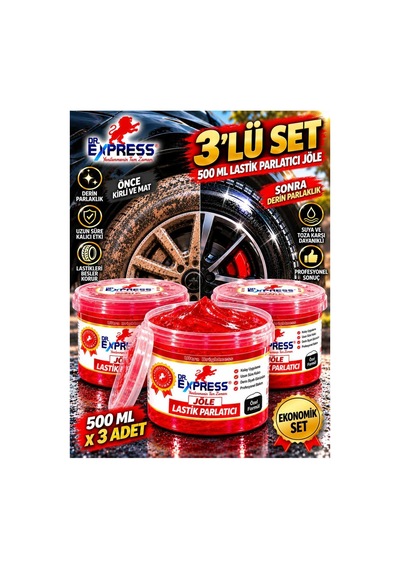 Premium Lastik Parlatıcı Jöle 500 Ml Parlak Görünüm Uzun Süre Etkili Yeniler Reçel Parlatıcı Fırçalı 3'lü Set Suya Dayanaıklı - 935569727