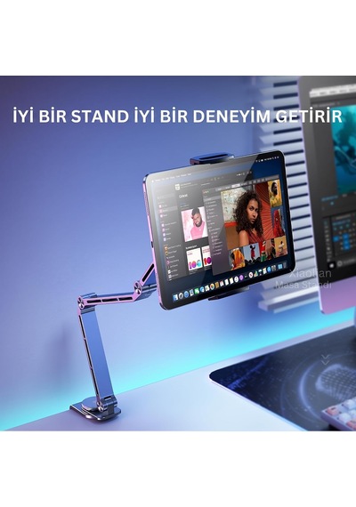 Tr Alüminyum Tablet Standı, 360 Dönebilen Masa Kelepçeli Telefon Ve Tablet Tutucu, Çok Eksenli Ayarlanabilir Katl