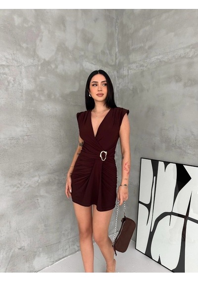 Moda Kadın Kruvaze Drapeli Tokalı Mini Elbise Şık Gece Davet Abiye - Kahverengi Çok Renkli
