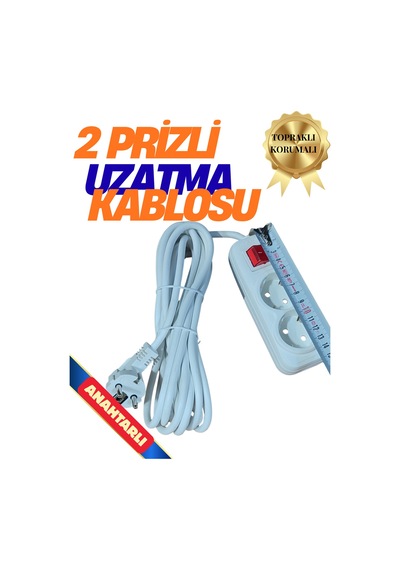 2 Prizli Grup Priz - 7 Metre Fiş Çoğaltıcı Topraklı Anahtarlı Düğmeli Çoklu Kablolu Uzatma Piriz Beyaz 6 - 8 M