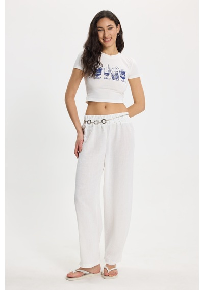 Tudors Kadın Slim Fit Dar Kesim Pamuk Bisiklet Yaka Kısa Kollu Baskılı Ekru Crop Tişört-50535 L