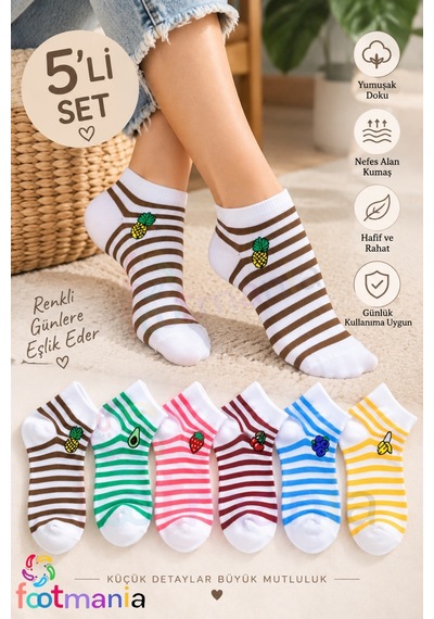 Footmania 5 Çift Kadın Nakışlı Meyve Desenli Çorap Seti Extra Soft Çok Renkli
