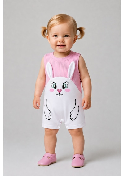 Babyden's Kız Bebek Tulum Yazlık %100 Pamuk Ribana Kolsuz Tavşan Baskılı Çıtçıtlı Bebek Tulumu 0-9 Ay Pembe