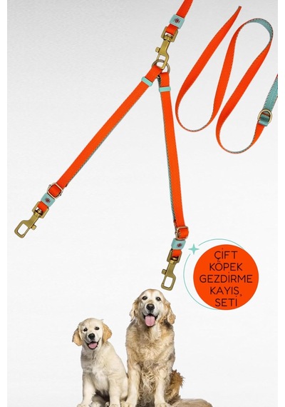 İkili Çift Köpek Gezdirme Tasması Ve Sevk Kayışı Set Ayarlanabilir Su Yeşili-turuncu-tek Ebat