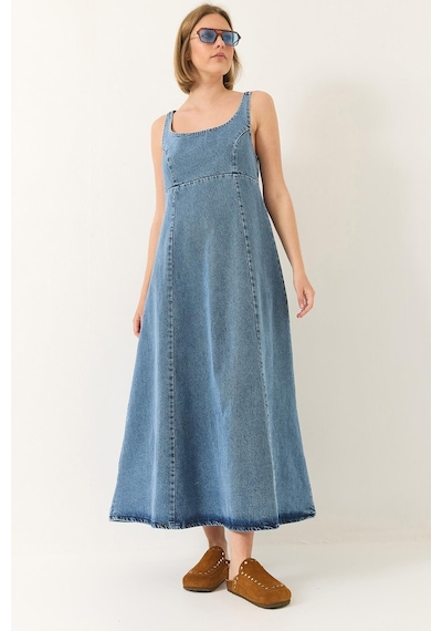 Kadın Geniş Yaka Askılı Kloş Denim Elbise 6069 60281038 - Buz Mavisi