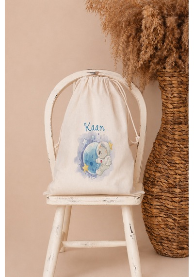 İsme Özel Erkek Bebek Çocuk Kıyafet Kesesi 30x40 Cm %100 Pamuk Ham Bez İsim Baskılı Yıkanabilir Kişiye Özel Kese 2093kk Ekru