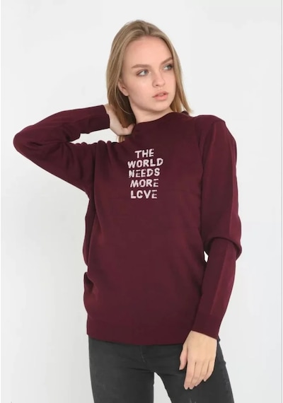 Soonaksesuar Unisex Bisiklet Yaka Baskılı Dokuma Triko - Bordo Bordo