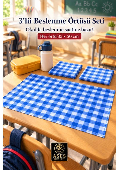 3 Lü Set Yıkanabilir Beslenme Örtüsü 35x50 Cm Mavi Beyaz Kareli - Anaokulu Ve İlkokul