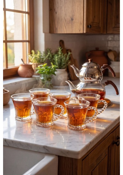 6 Lı Boncuk Kulplu Cam Bardak Seti 100 Ml, Yükseklik 8 Cm, Ağız Çapı 7,5 Cm Şık Tasarım Şeffaf